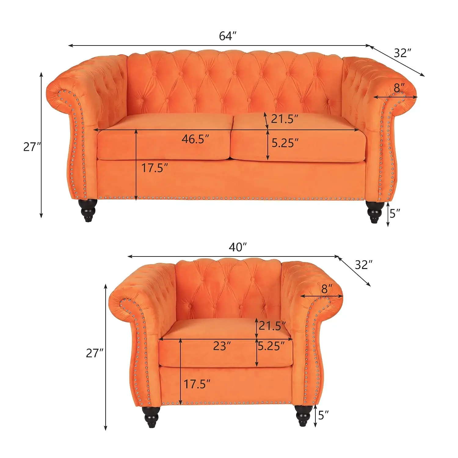 Modern Tufted Velvet Loveseat & Accent Chair Set With Nailhead Trim Scroll Arms For Living Room, Customized