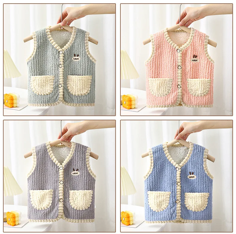 Jacke im Taschen-Design, weiße Kante, Mädchenweste, Frühling/Herbst, Baby-Ärmellose Jacke, Unisex-Cardigan mit Knöpfen, Jungen- und Kinderbekleidung – Detail 15