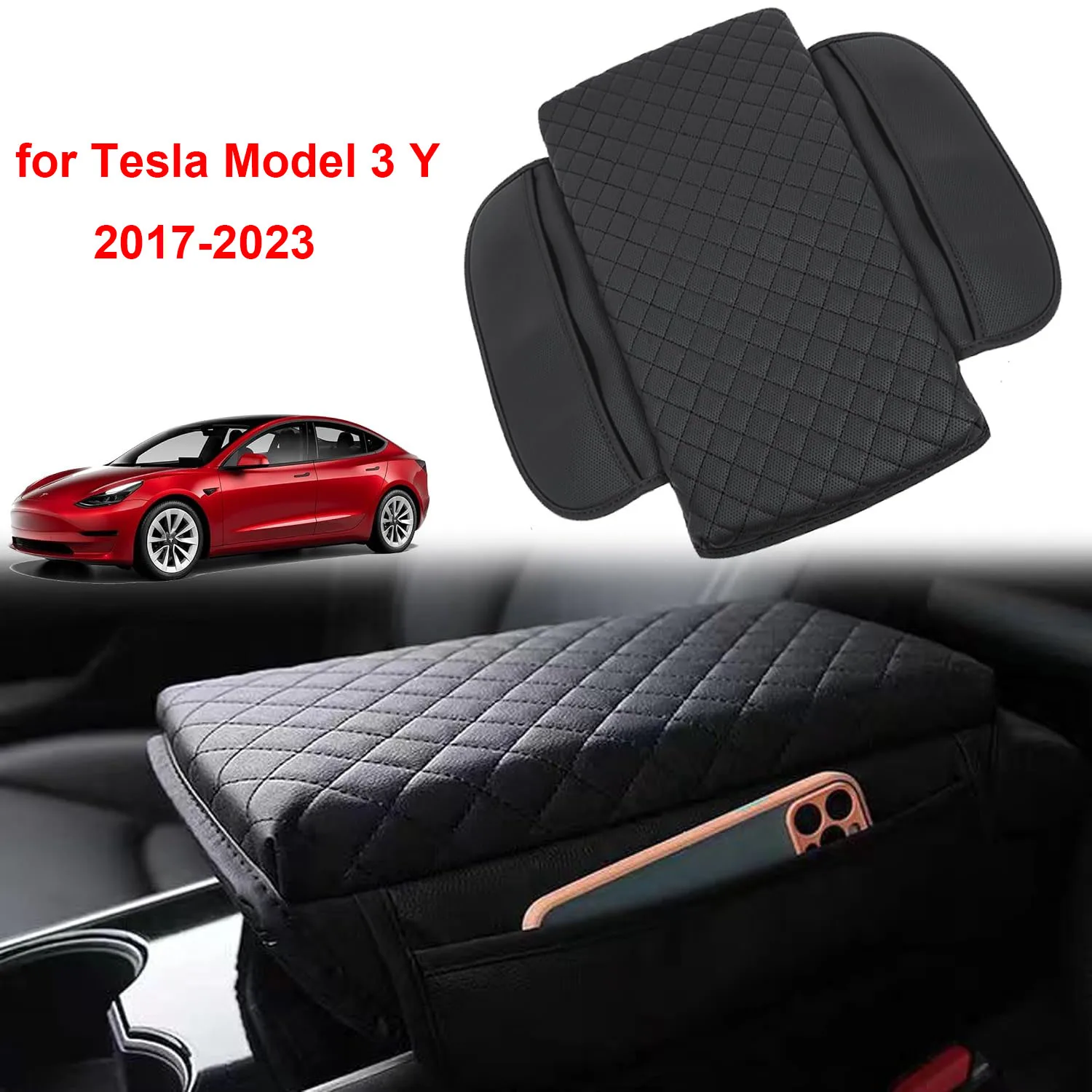 Upgrade Center Console Cover for Tesla Model 3 Model Y 2017-2024 2025 Armrest Cover with Pockets,Leather Arm Rest Box Cushion for Tesla Model 3/Y Interior Console Protector