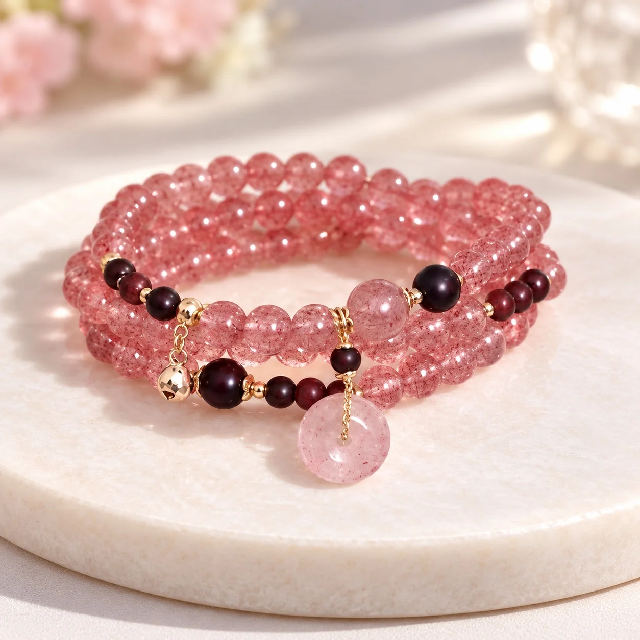 Triple Wrap Original Design Strawberry Quartz and Pink Crystal Bracelet for Women Light Luxury Travel Souvenir