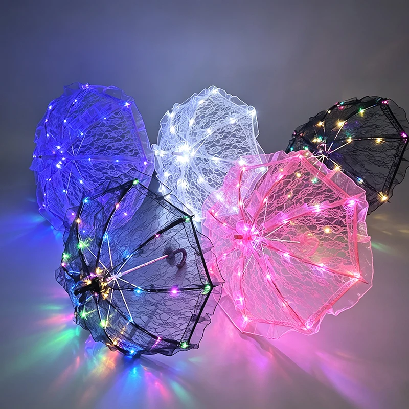 Luminous LED Ruffle Lace Umbrella With String Lights Party Stage Photography Wedding Cosplay Halloween Dance Decor Prop