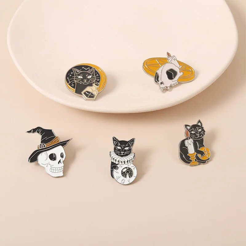 Cartoon noble candle magic potion black cat element metal Brooch skull shaped alloy enamel pin accessories with Wizard Hat