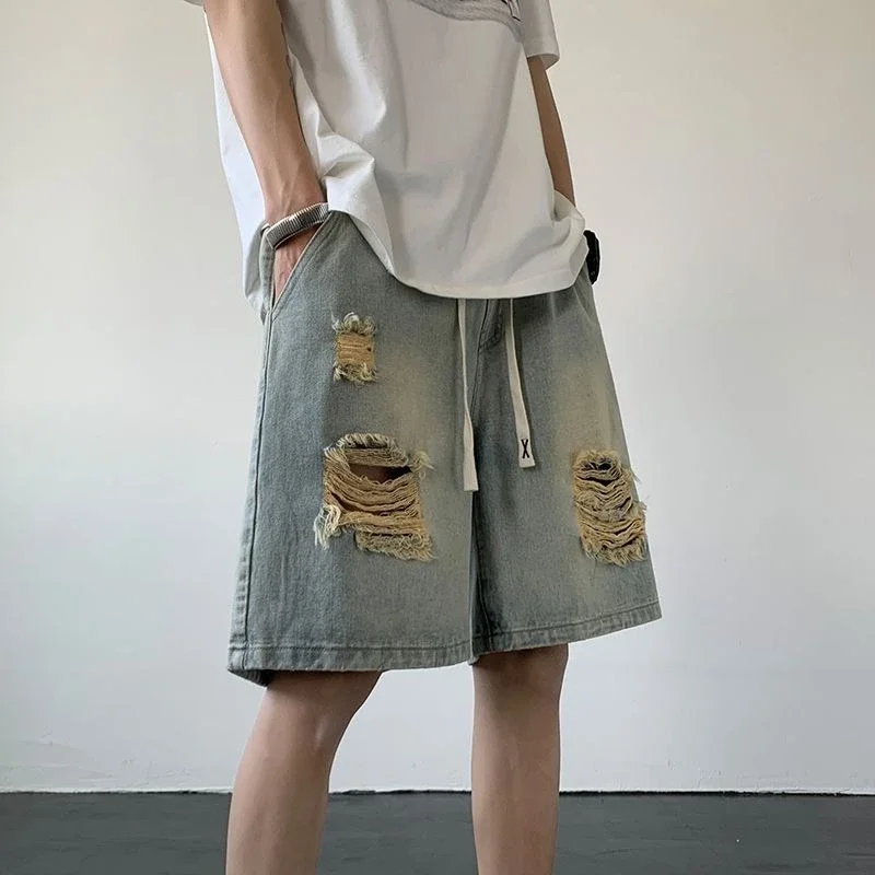 

Long with Pockets Wide Loose Bermuda Ripped Half Male Denim Shorts Drawstring Men's Short Jeans Pants Baggy Retro Xxxl New in Xl
