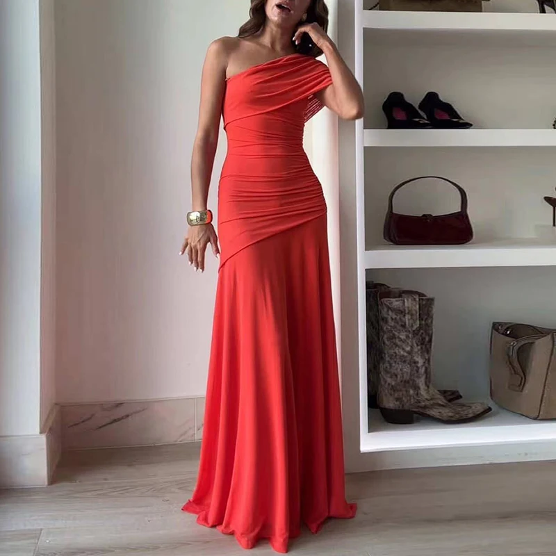 Casual Asymmetrical Dress Summer Slanted Collar High Waist Pleats Long Dress Lady Elegant One Shoulder Sleeve Slim Banquet Dress - Image 2