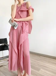 Women Miyake Pleated Fold 2024 Summer Autumn Limited Pink Irregular Suits Designer Aesthetic Clothes Wide Leg Streetwear