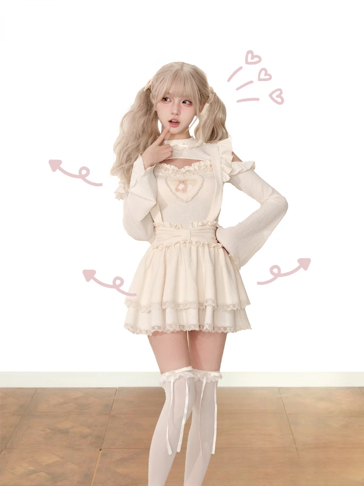 Japanese Kawaii Lolita 2 Piece Dress Set Women Sweet Causal Slim Blouse + Y2K Cute Strap Dress 2024 Korean Elegnat Dress Suits