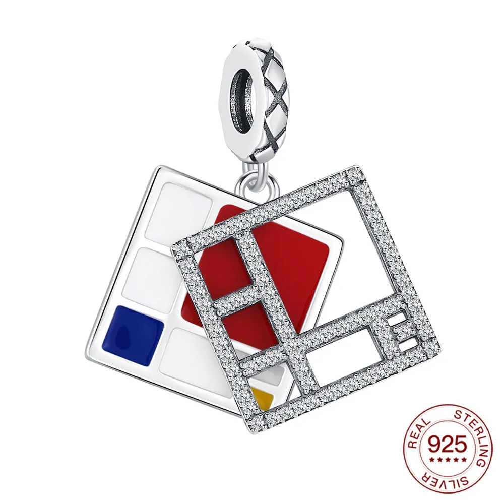 New 925 Sterling Silver Charms Mondrian Color Block Pendant Fit Original DIY Bracelet Jewelry Fashion Gift For Women