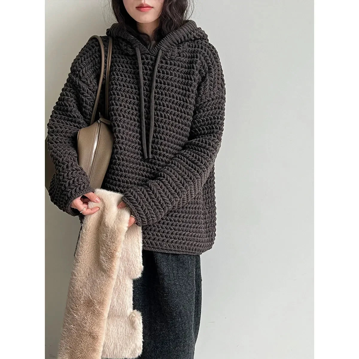 

Autumn Winter Korean Style Long Sleeve Hooded Pullover Sweater Thickened Hollow out Cozy Knitted Sweater Women's