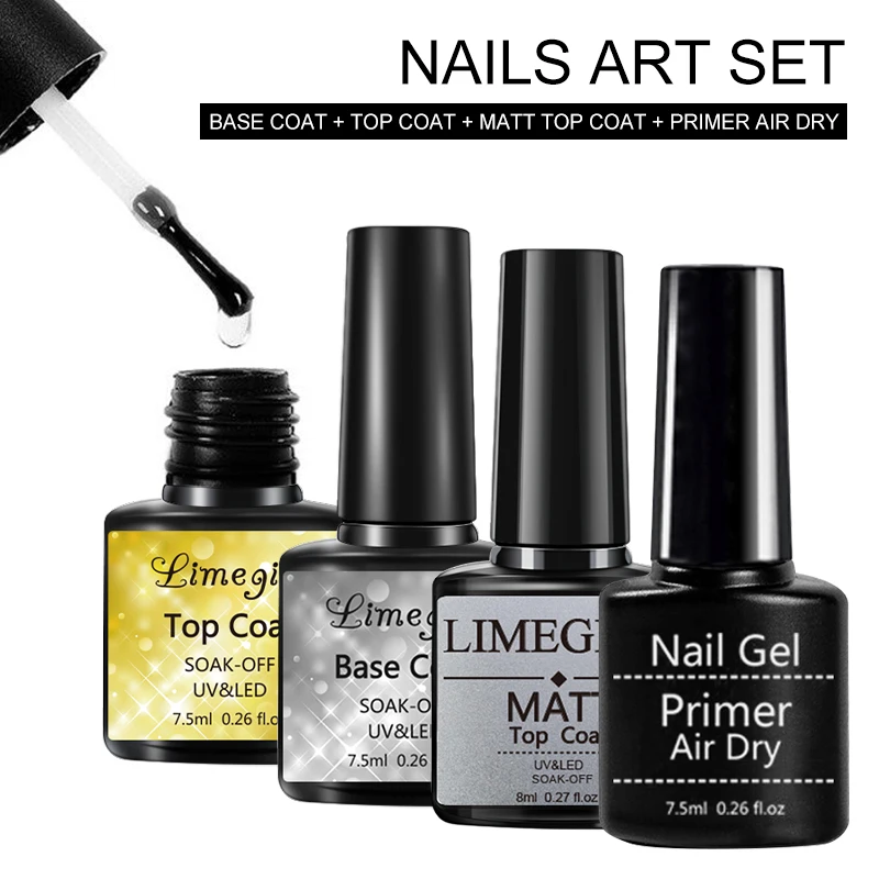 7.5ML Matte Top Coat No Wipe Top Coat & Base Coat & Primer Air Dry Kit 4PCS Nail Polish Long Lasting for Manicure Art DIY Design