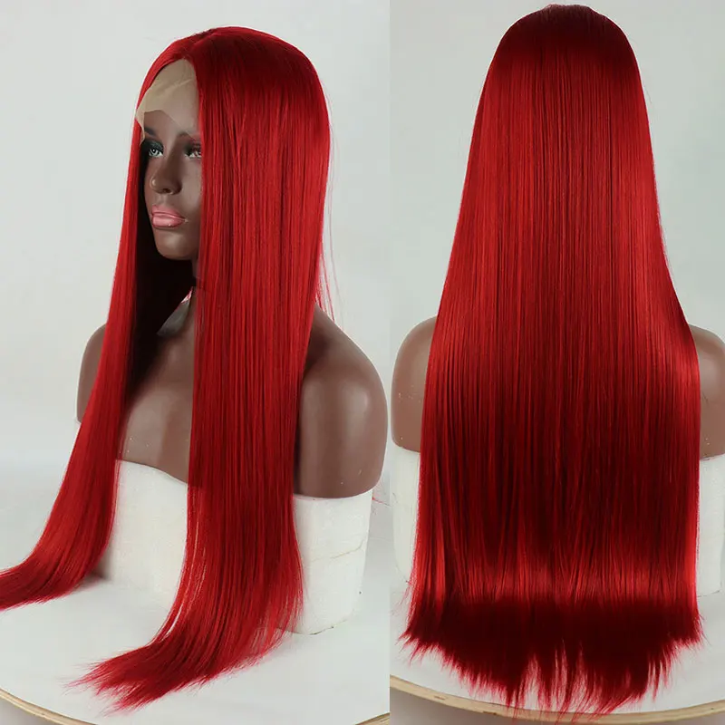 Wig renda depan 13x4 sintetis lurus merah anggur gelap kualitas tinggi rambut serat tahan panas garis rambut alami untuk Cosplay wanita