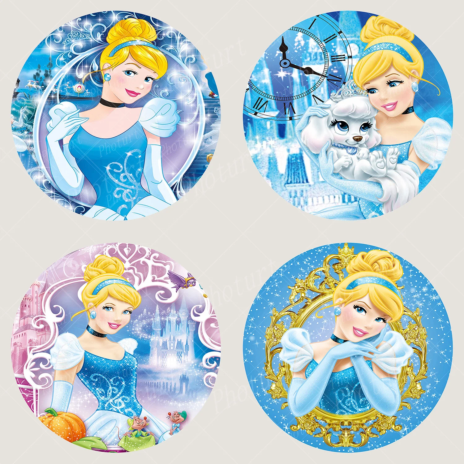 Round Disney Princess Cinderella Background Disneyland Golden Blue Beauty Backdrop Circle Banner Photography Decoration Props