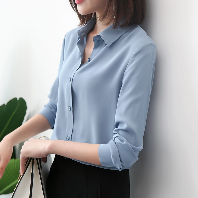 2023 Autumn Women\'s Solid Color Lapel Long Sleeve Chiffon Shirts Simple Casual Loose Woman Blouse and Tops Office Lady Clothes