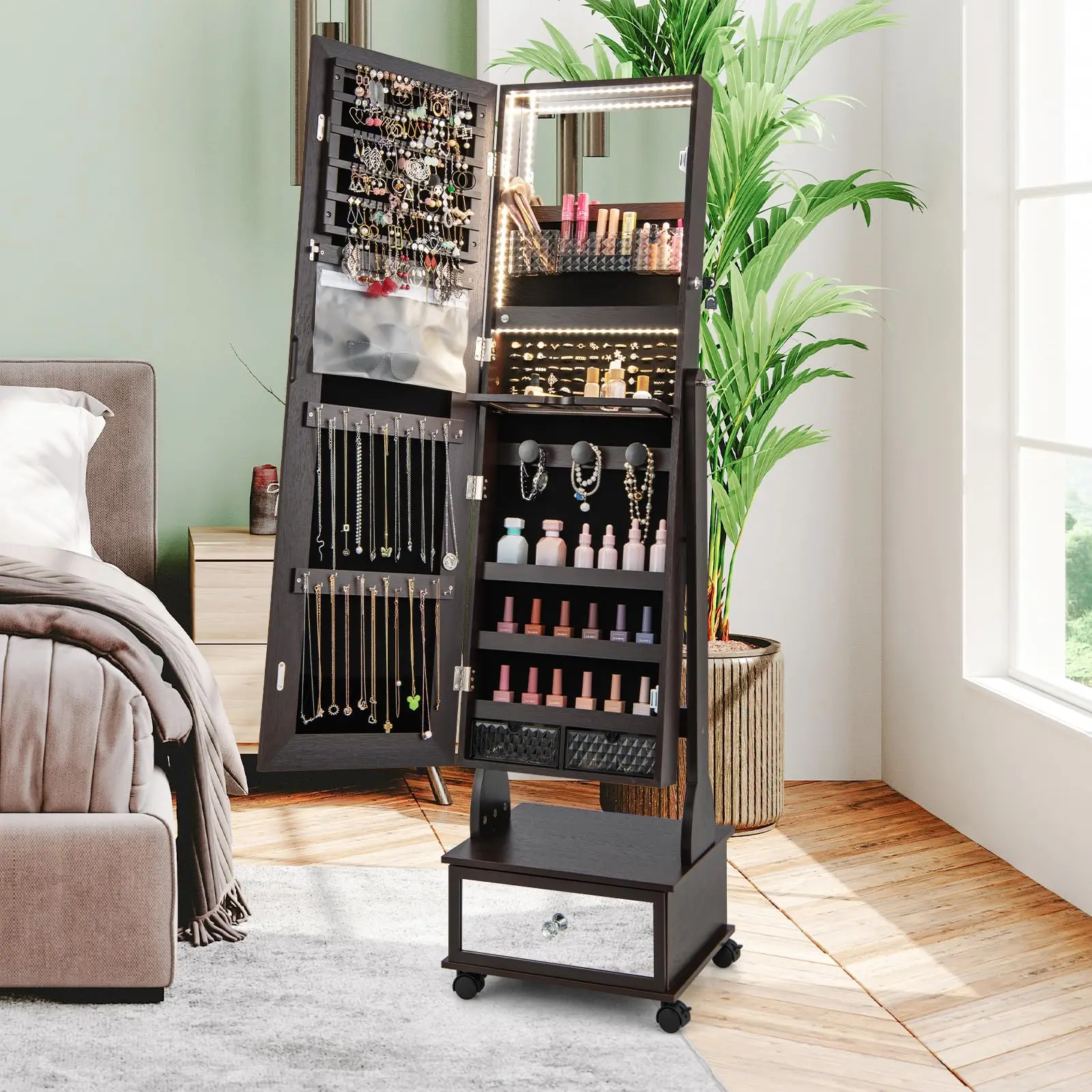 Rolling Jewelry Armoire with Full Length Mirror, Lockable Standing Jewelry Cabinet Organizer with Wheels & 3-Color