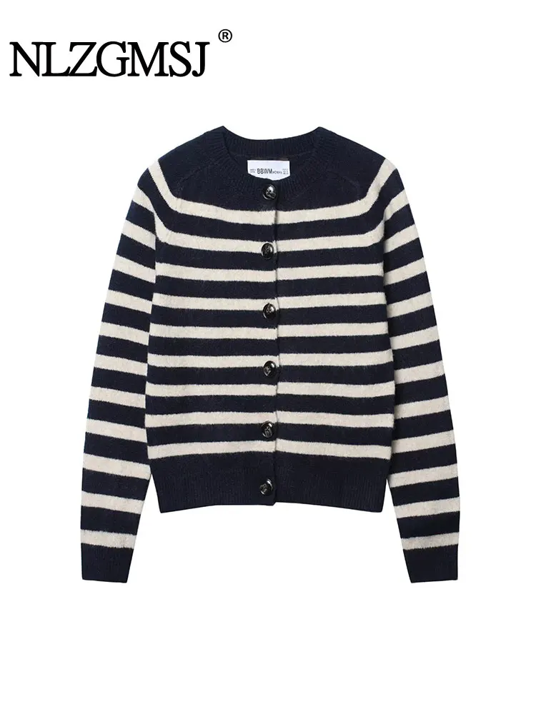 

NLZGMSJ винтажный повседневный шикарный женский полосатый свитер с круглым вырезом и длинным рукавом, однобортный вязаный топ, модный осенний свитер 2023 г.