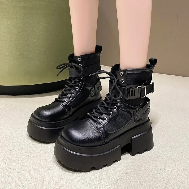 Women\'s High Platform Motorcycles Boots Autumn Spring 7.5CM Heels Ankle Boots Female Chunky Sneakers Winter Leather Shoes Woman