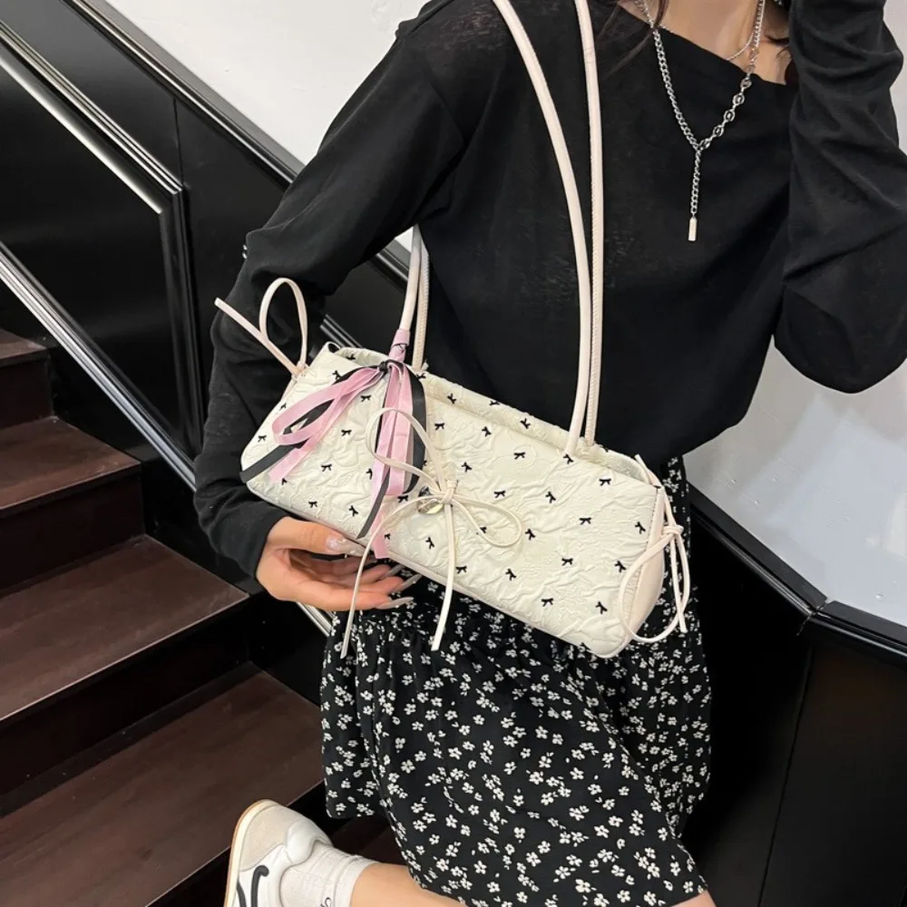 

High Quality French Bow Ribbon Shoulder Bag Sweet Commuting French Stick Underarm Bag Zipper Leisure Armpit Bag Girls