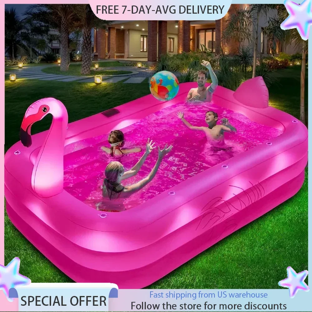 Inflatable Pool with Lights, Solar Flamingo Swimming Pool, Kiddie Pool, Durable Thickened Inflatable Family Pool for Backyard