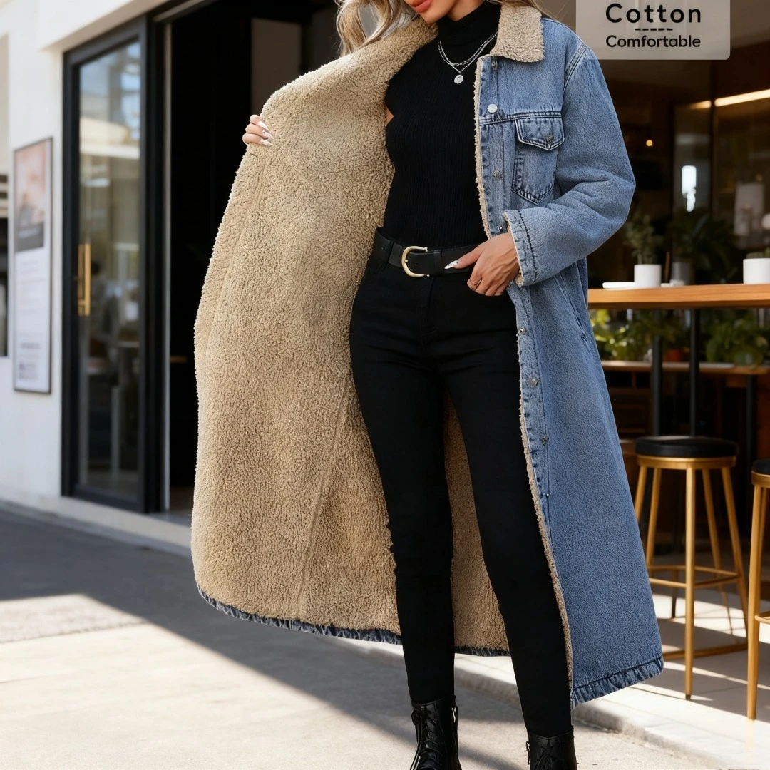 Autumn Winter Women Faux Fur Mid Length Coats Jackets Turn Down Collar Coat Thick Denim Y2k Streetwear Jacket Elegant Outerwear