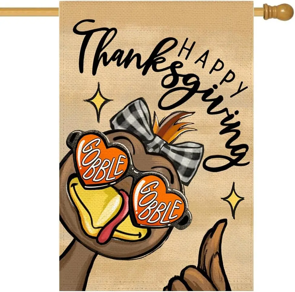 Happy Thanksgiving Turkey House Flag 28x40 Inch Double Sided Outside, Gobble Harvest Fall Large Garden Flags Seasonal Yard O zzo