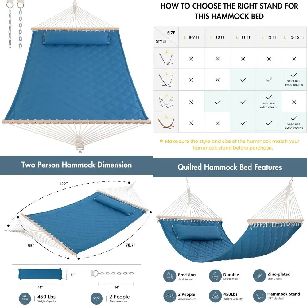 

Large Outdoor Indoor Quilted Hammock with Detachable Pillow and Spreader Bars, 450 lbs Capacity, Blue