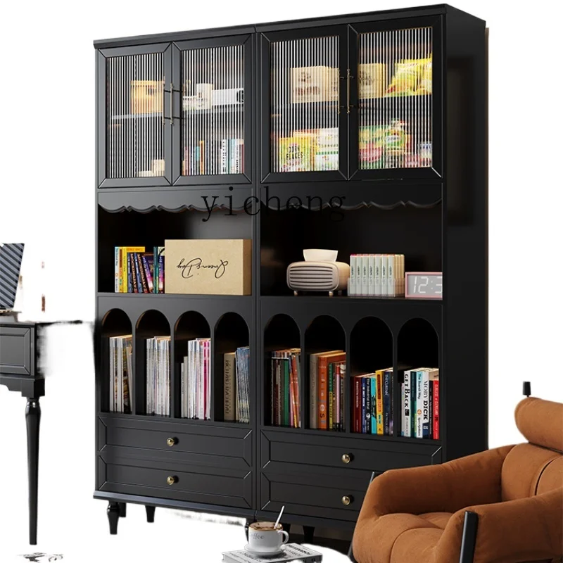 

XL Solid Wood Bookcase Household Glass Door Display Cabinet Living Room Bookcase Black Storage Cabinet Narrow Bookshelf