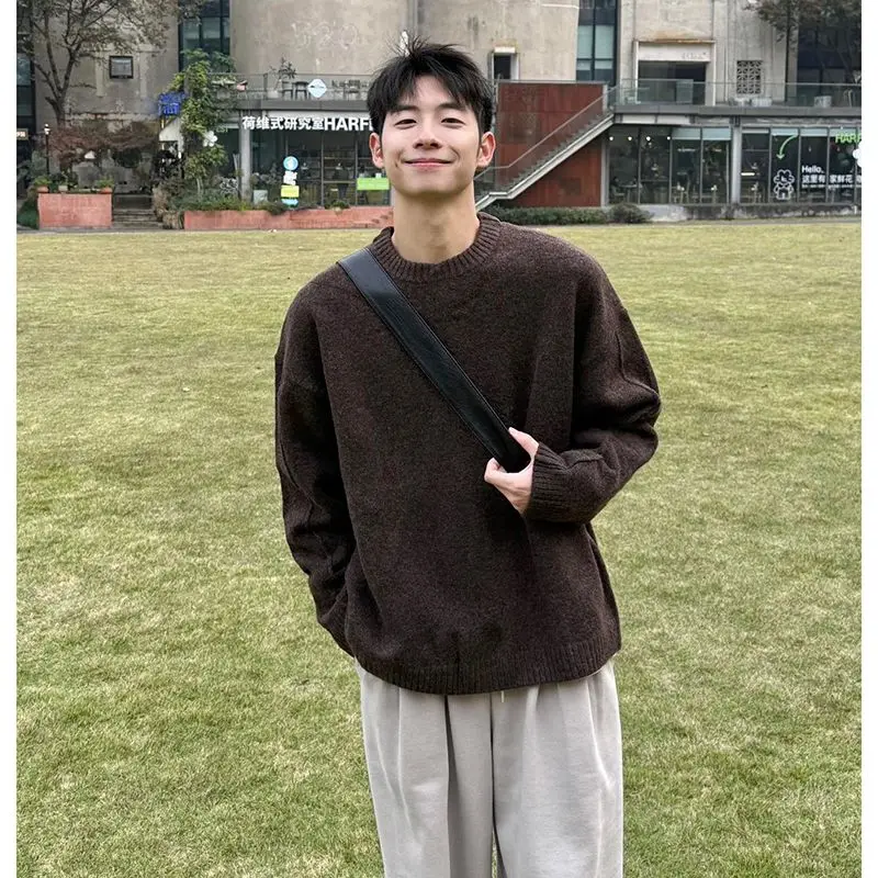 

Maillard coffee-colored pullover sweater men's autumn and winter lazy style high-end Korean round neck knitted base shirt