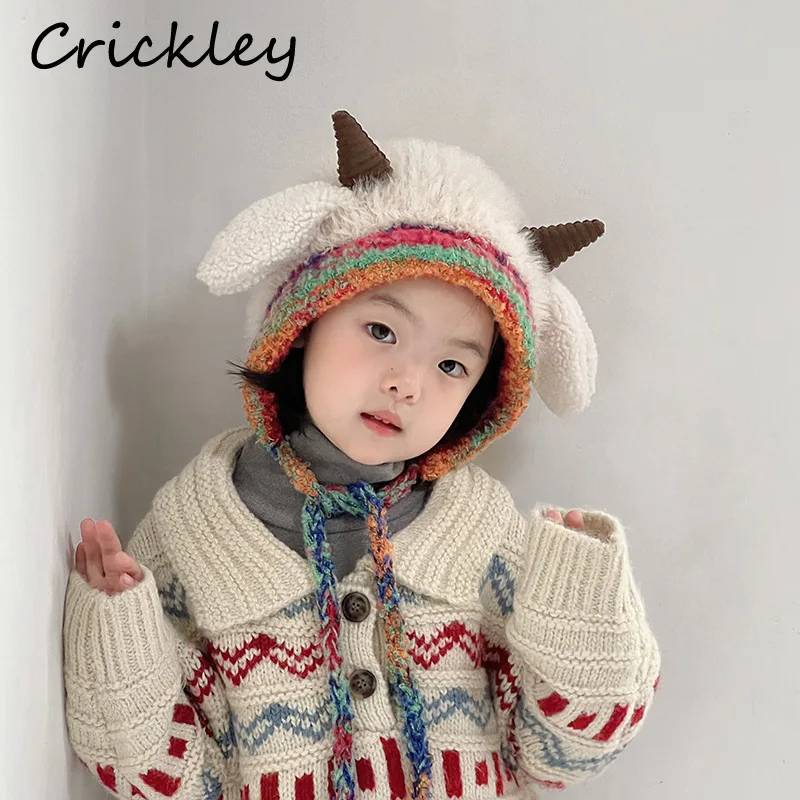 Cute Sheep 3D Kids Hats Winter Knitted Cotton Warm Baby Boys Girls Ear Protection Hats Soft Windproof Toddler Children Caps