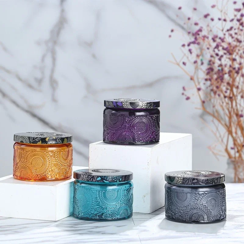 

100ml Embossed Candle Jar Aromatherapy Candle Holder Glass Bottle With Cover Storage Jar Living Room Fragrance Empty Bottle