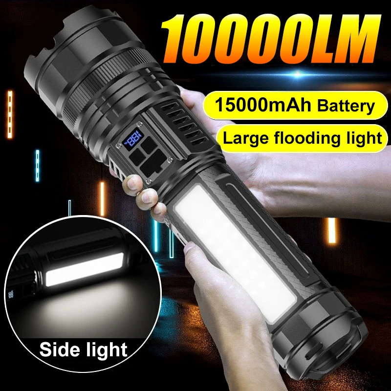 Powerful Zoom Tactical Flashlight with COB Side Light Built-in Battery 15000mAh Outdoor Camping Emergency Fishing Hiking Torch