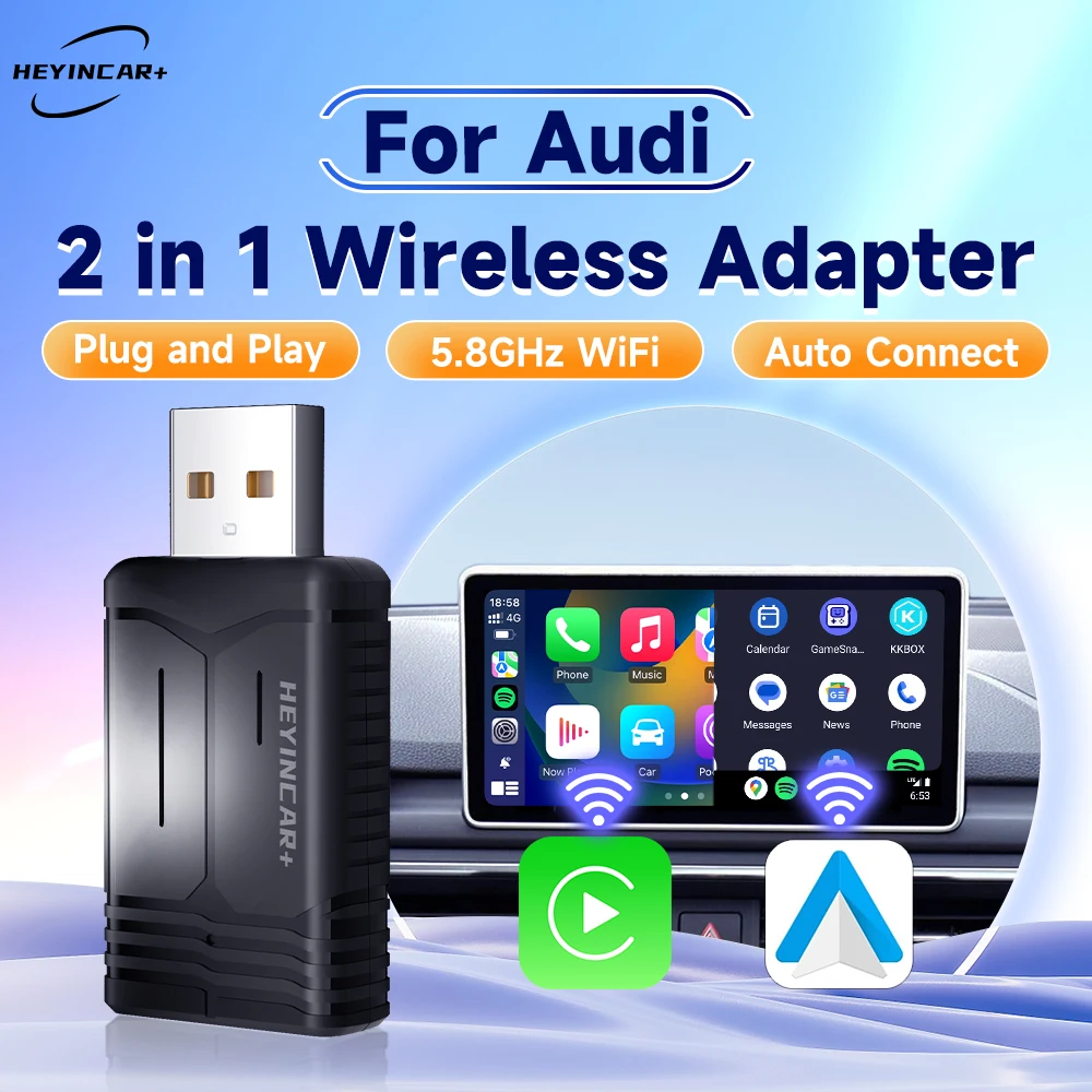 2024 nuovo HEYINCAR 2 in1 Wireless Android Auto Adapter Carplay per Audi A3 A4 A5 A6 A7 A8 Q3 Q4 Q5 Q6 Q7 Q8 S4 S5 S6 RS4 RS5 RS6