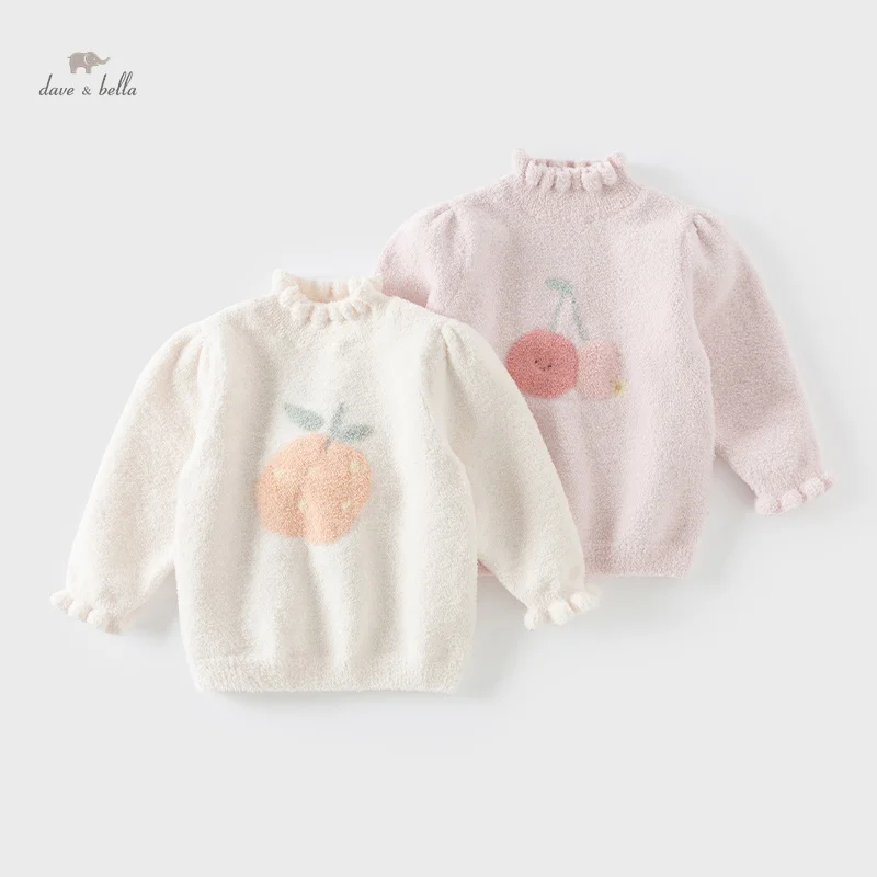 Dave Bella 2024 New Winter Girls Top Soft Knitted Sweater Pullover Cartoon Fruit Cute Children's Half Turtleneck Warm DB4243450