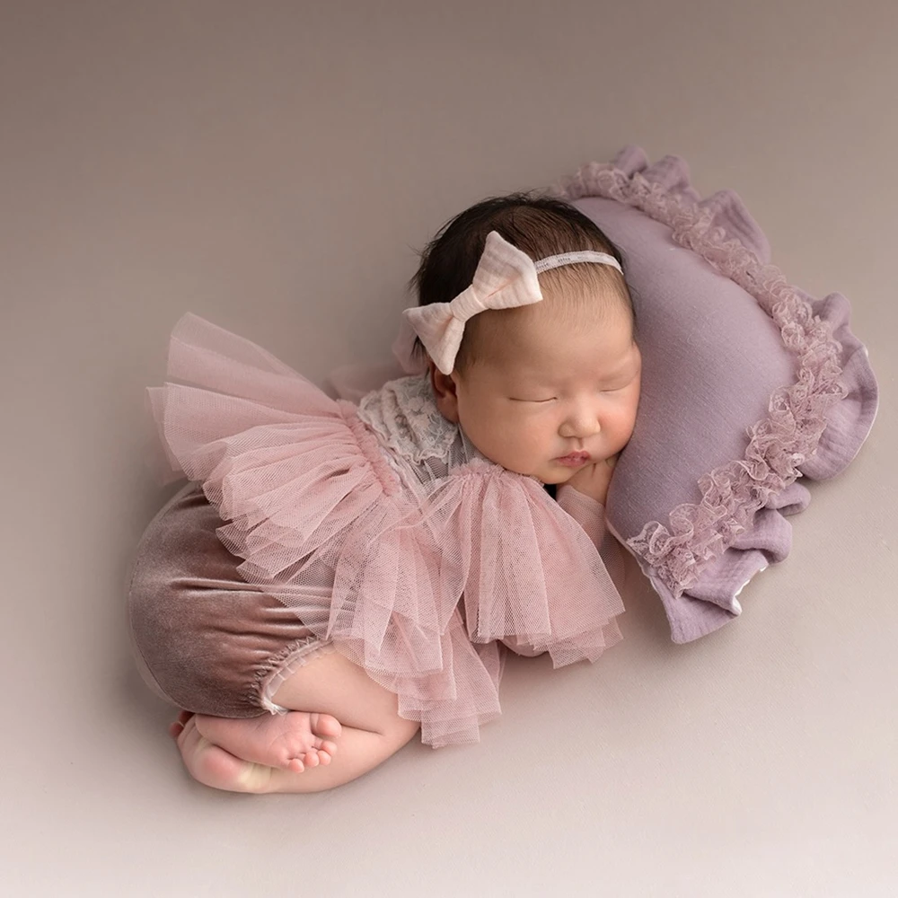 新生児写真撮影用小道具-女の子用ピンクレースチュチュロンパース-ベルベットショートパンツ-フリルチュールボウヘッドバンド-ベビーシャワーギフト