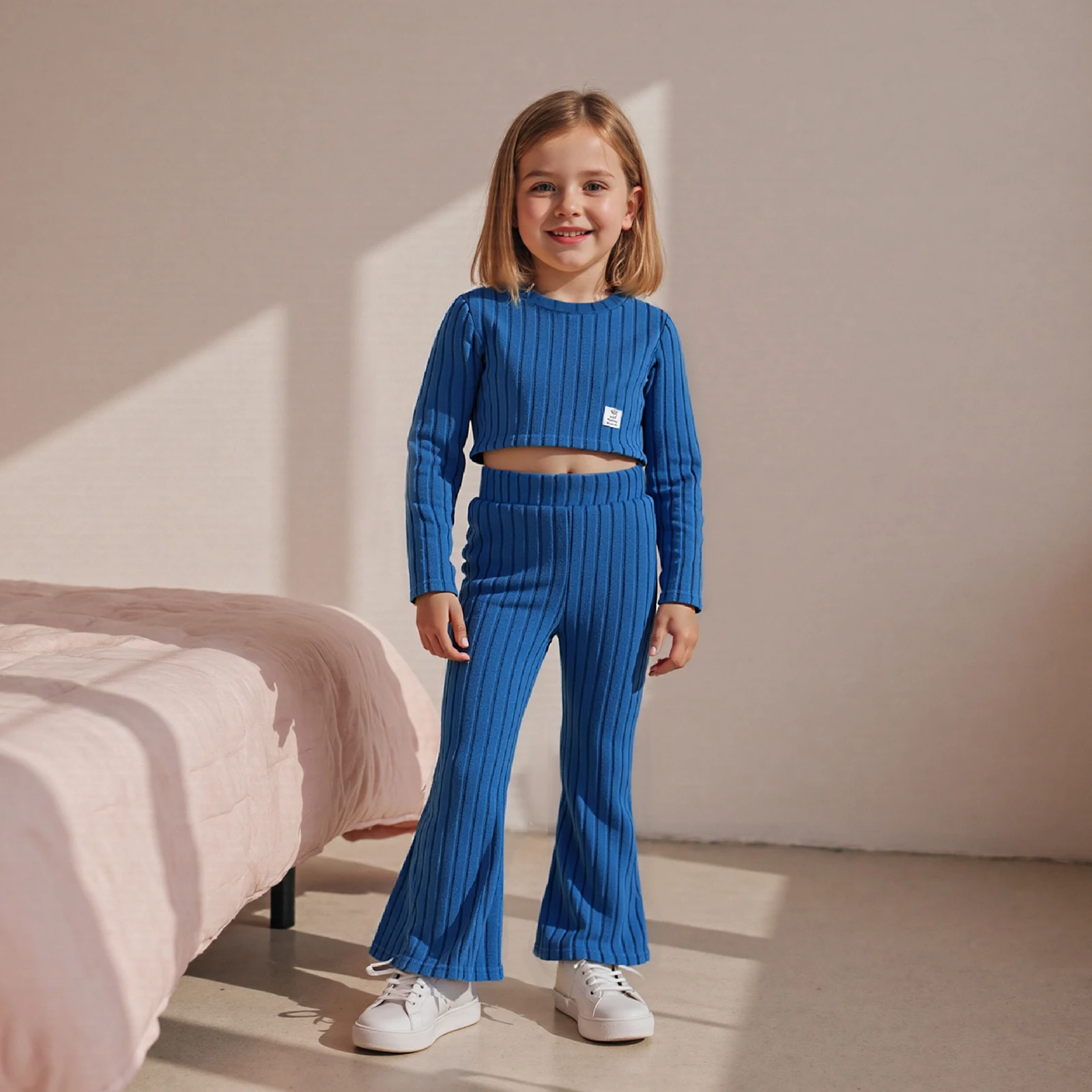 توين فتاة الخريف متماسكة ملابس الصلبة مضلع كم طويل جولة الرقبة قمم مرونة الخصر مضيئة السراويل 2 قطعة مجموعة #4