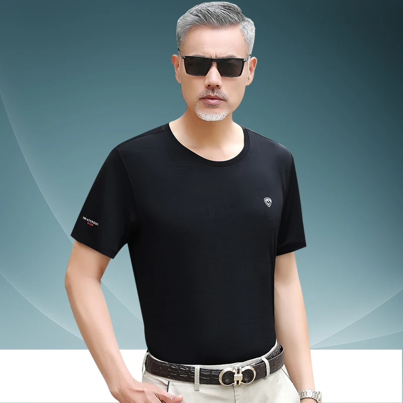 

Loose Casual Ice Silk ort Sve round Ne T-irt Dad Sle Summer Clothes for Middle-Aged Men Comfortable Breathable Top
