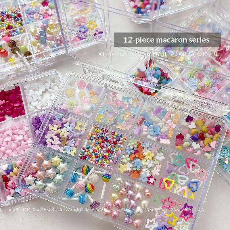 〔MAX-22〕12 Grid Mixed Colorful Heart Bow Candy Rose Nail Charms Dopamine Jewelry Accessories Manicure Decoration DIY