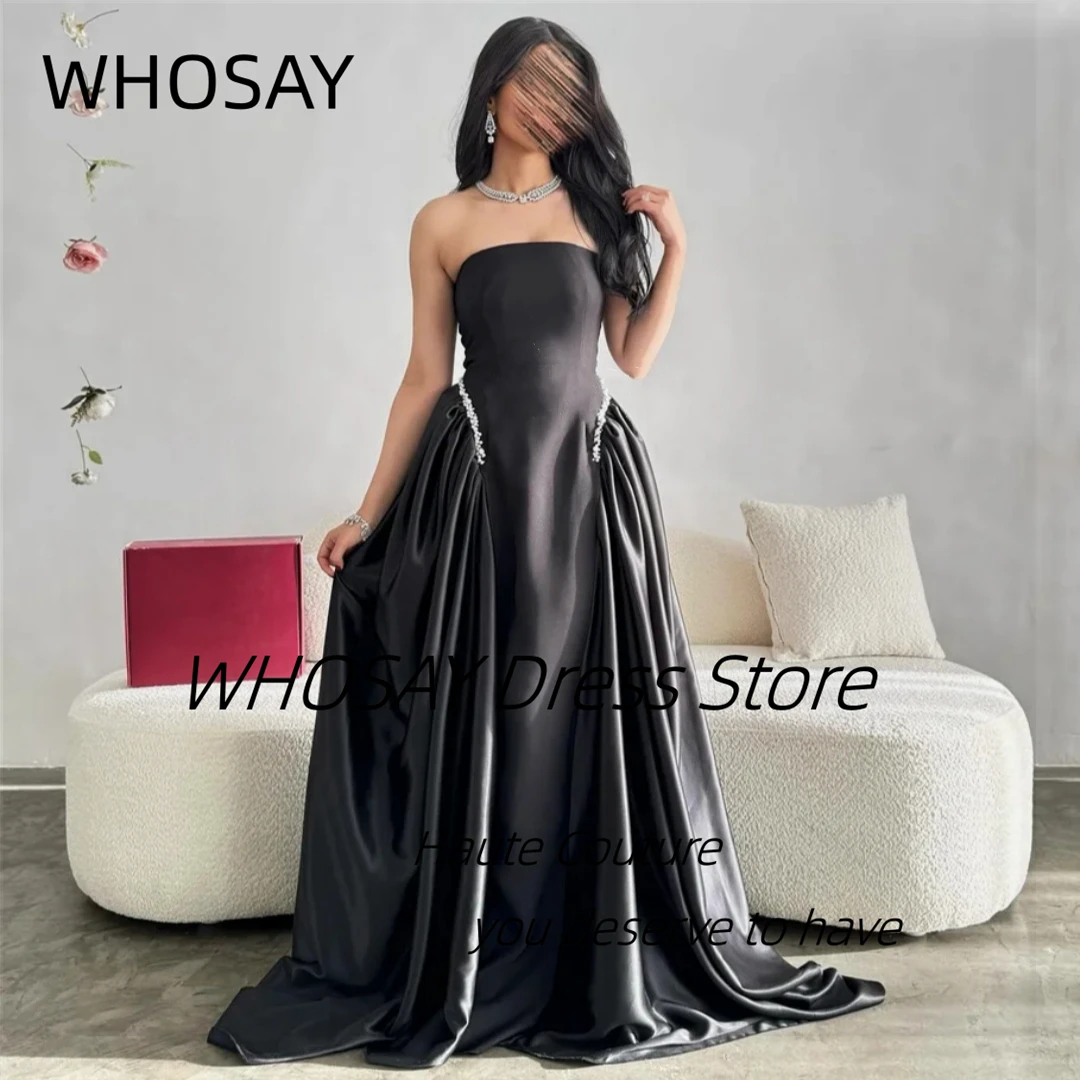

WHOSAY Black Prom Dresses Beaded Sash Lace Up Back Evening Dress Long Ruched Satin Vestidos De Noches Customized