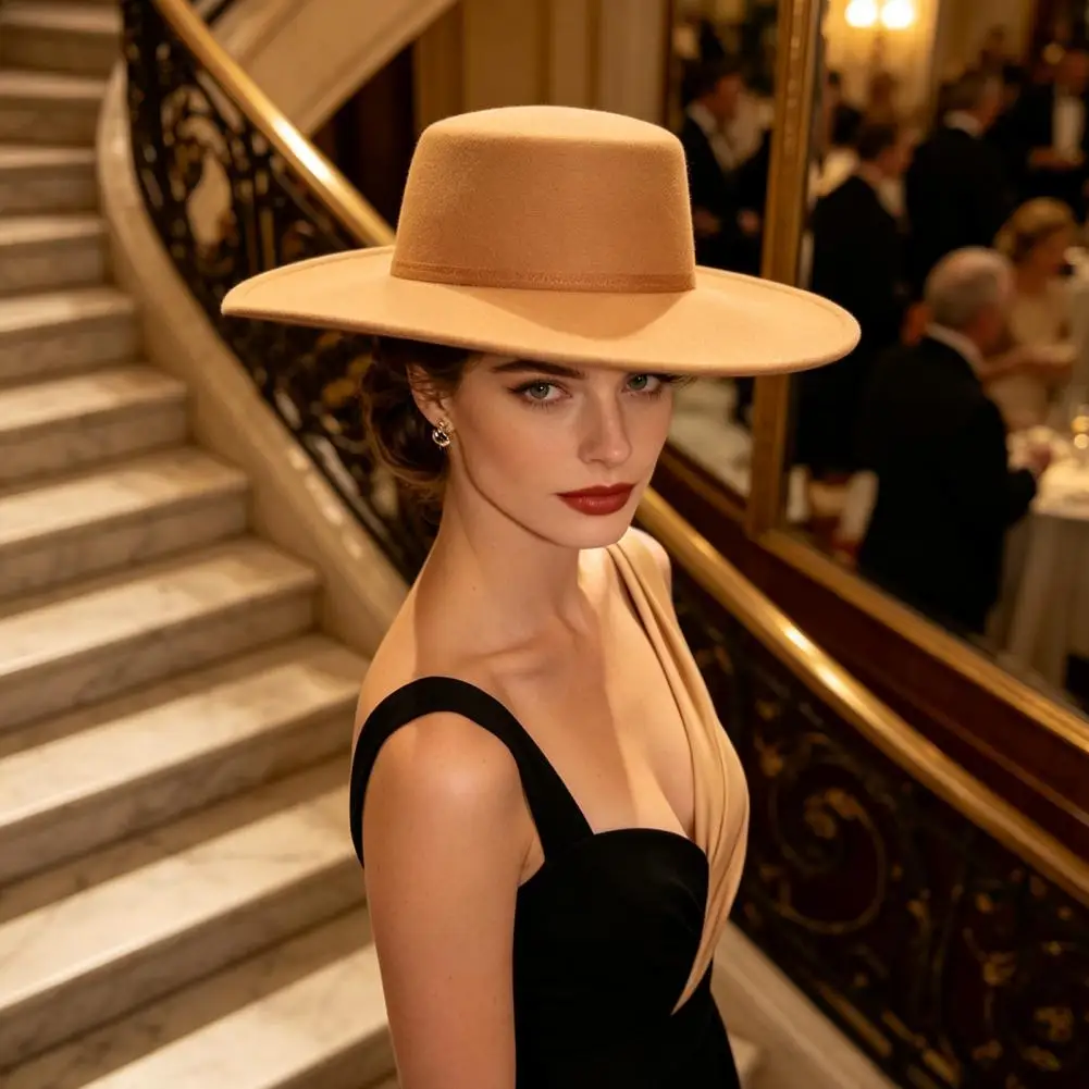 Polyester Warm Winter Cap Flat Top Fedora Hat Wool Blend Derby Cap Wide Brim Felt Hat for Women Classic Retro Hat Formal Event