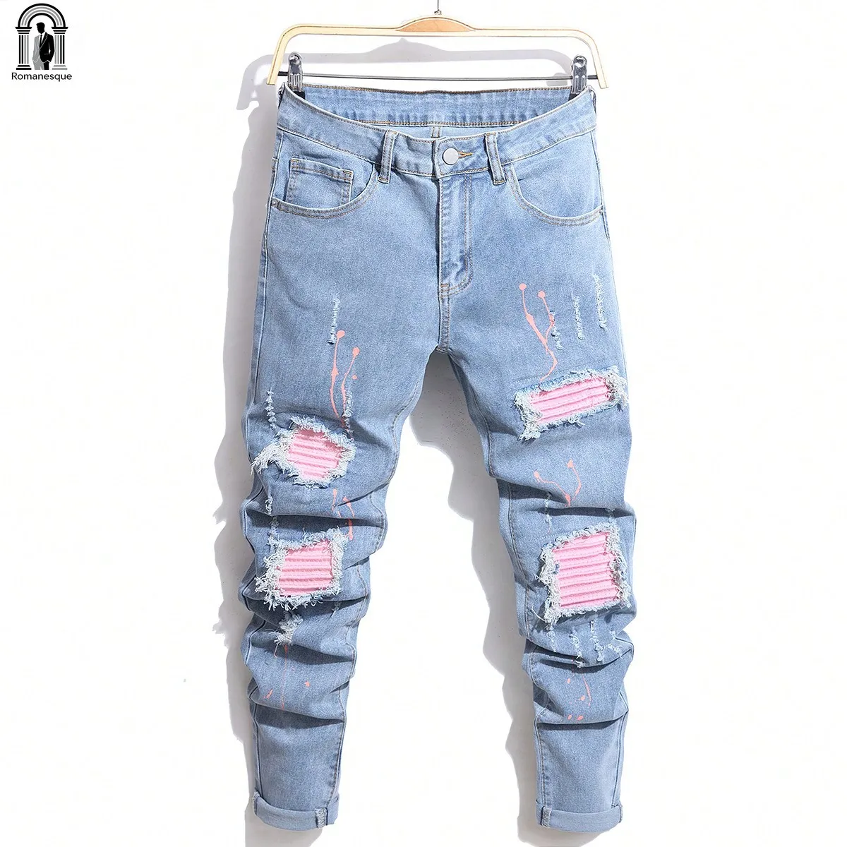

Men's Jeans Cool Ripped Skinny Trousers Stretch Slim Denim Pants Patchwork Hip Hop Black Blue Casual Jogging Jeans for Men