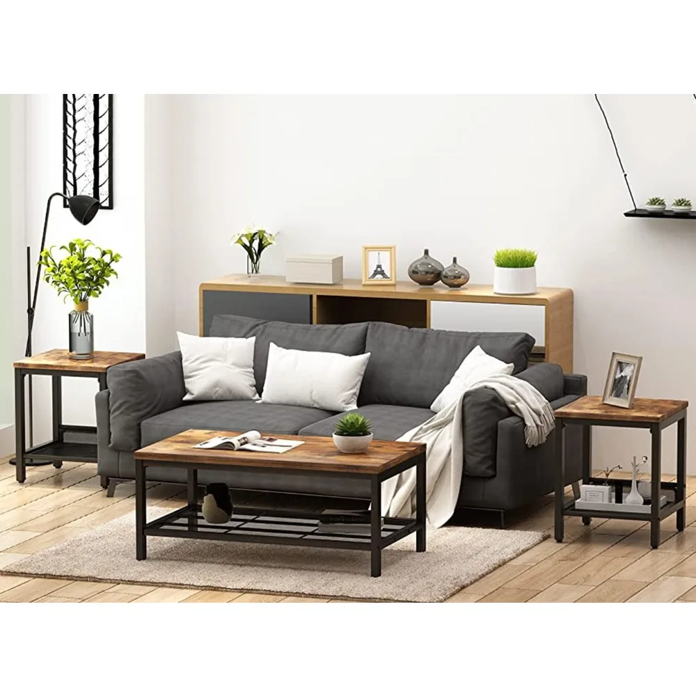 3 Pieces Living Room Table Set, Industrial Coffee Table with 2 Square End Side Tables, Coffee Table Set with Metal Frame for Ap