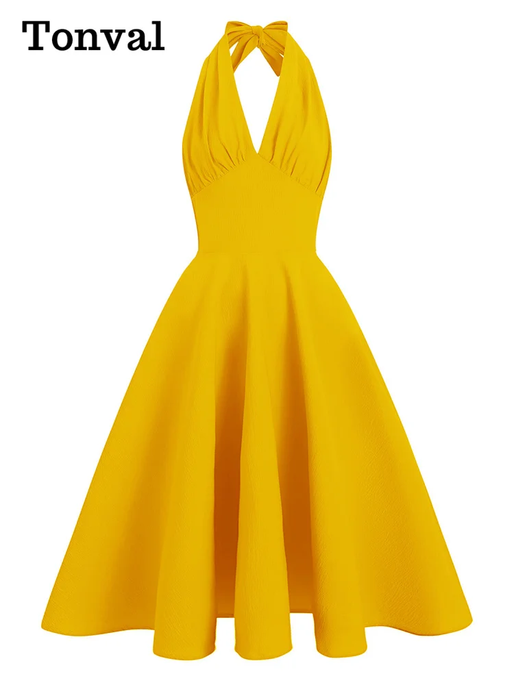 Tonval V-Neck Sexy Halter Vintage Style Summer Clothes Women Yellow Solid Elegant Party Pinup Ladies Swing Dresses