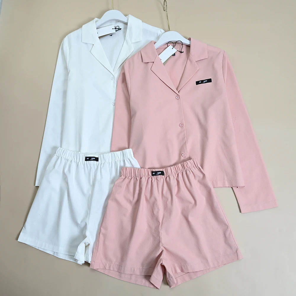 

Summer New Sle Women's Cotton Printed Letter Long Sve irt Collar ort Pants Spwear Set Casual Thin Material