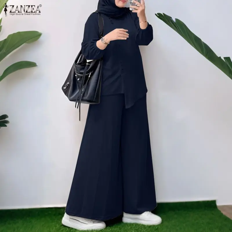 ZANZEA 2026 Summer Women Long Sleeve Irregular Blouse Wide Leg Pant Sets Muslim 2 Piece Sets Solid Color Work Outfits Tracksuit