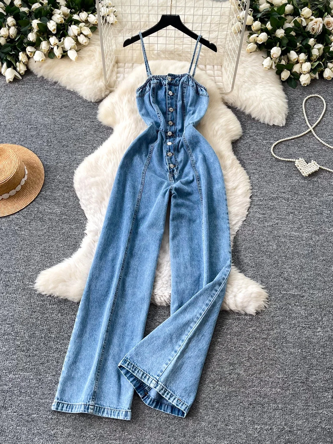 

Retro Denim Style Casual Temperament Jumpsuit Women Summer High Waist Slimming Wide Leg Long Pants Comfortable Straight Cut