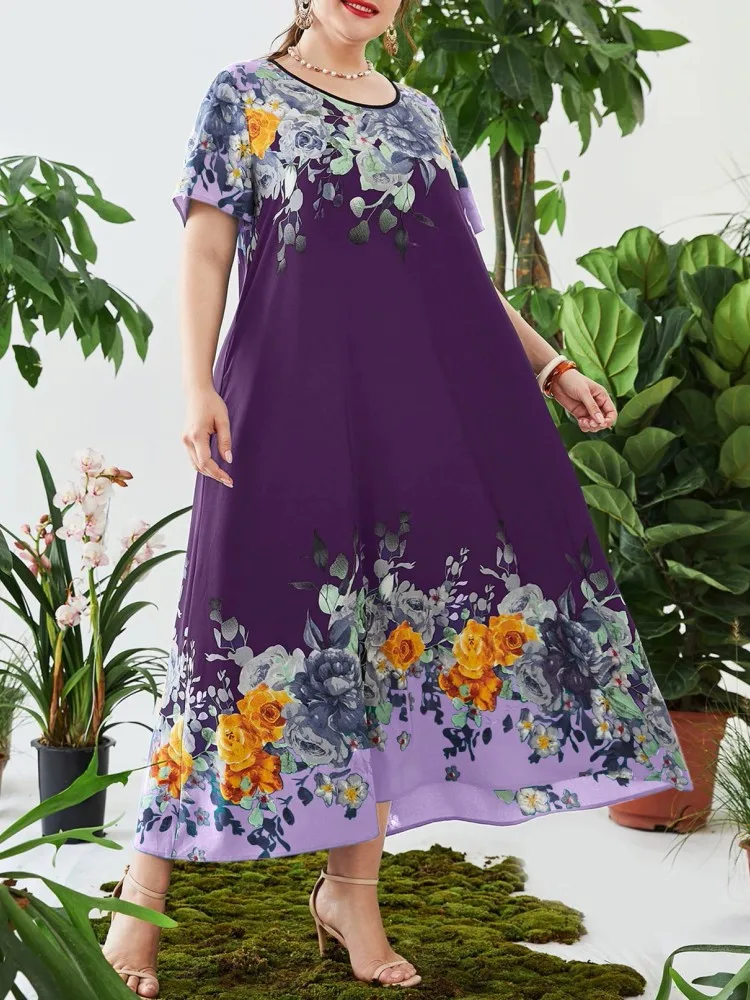 L-4XL Plus Size Clothes Dresses Women Robes Summer Short Sleeve Street Style Casual 3XL 4XL Big Size Long Maxi Dress Oversized