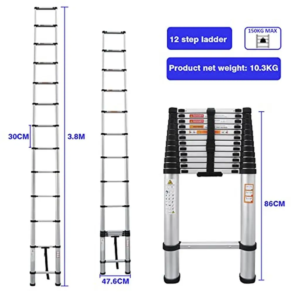 Telescoping Aluminum Ladder 12.5FT Extension Lightweight Folding RV Collapsible Non-Slip Waterproof Portable Multi-Purpose EN131