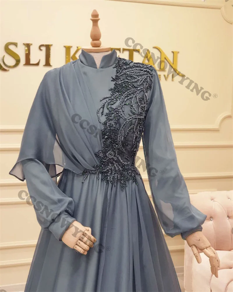 Chiffon Appliques Muslim Hijab Evening Dresses Arabic Dubai Long Sleeve High Neck Formal Party Gown A Line Moroccan Caftan