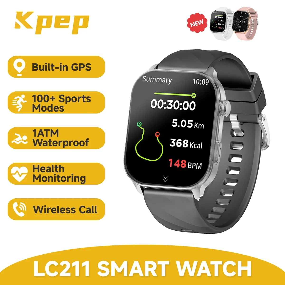 

KPEP LC211 GPS Smart Watch 2.01" Screen,1ATM Waterproof,100+ Sports Modes,Wireless Call,Heart Rate Fitness Tracker for Men Women