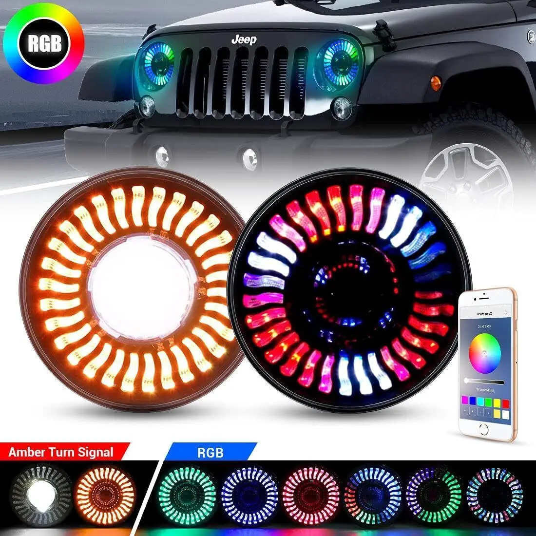 1 Pair LED Headlight H/L Beam APP Control RGB Halo Angel Eyes For Je-ep Wrangler JK 2007~2018