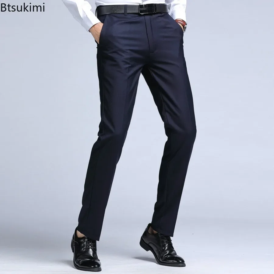 2025 Men\'s Dress Suit Pants Elastic Straight Formal Business Office Club Party Trousers for Men Solid Slim Casual Pants Oversize