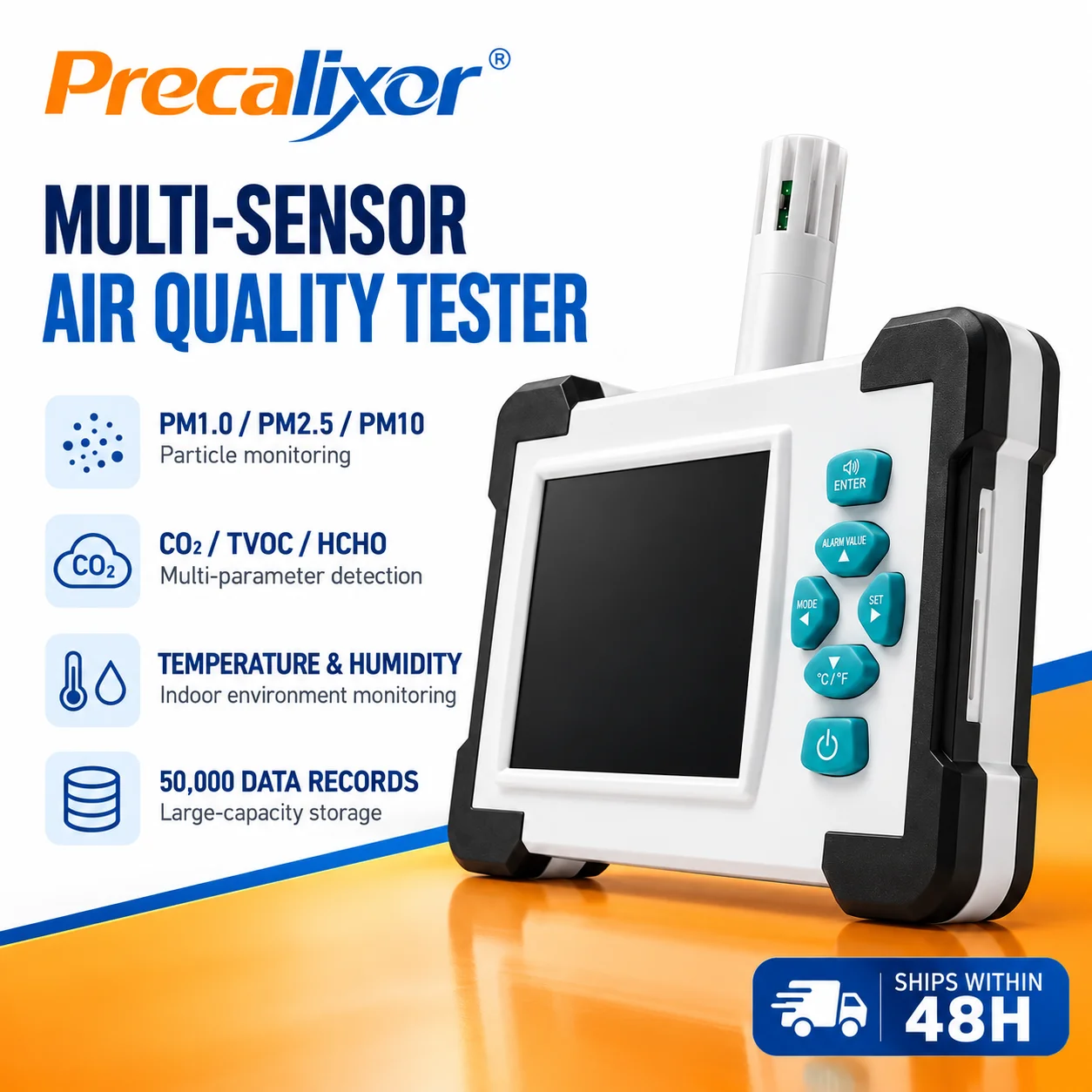 Air Quality Monitor CO2 Detector PM1.0 PM2.5 PM10 HCHO TVOC Temperature Humidity Sensor 50000 Data Storage Auto Export